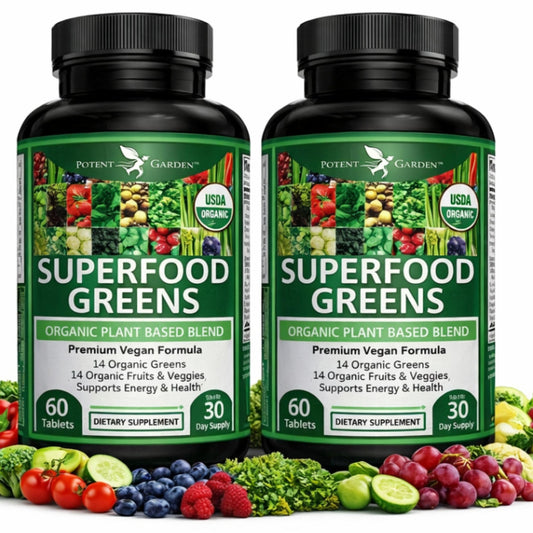 Potent Garden 2-Pack Organic Superfood Greens bottle image highlights convenient daily capsules for energy support.