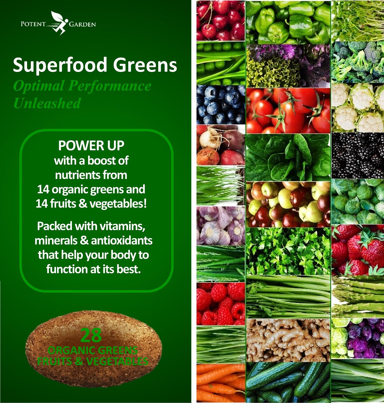 Potent Garden 2-Pack Organic Superfood Greens cap close-up shows tablet form ready for morning routine.