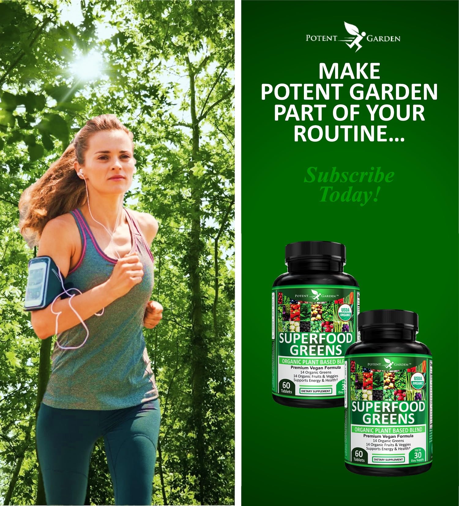 Potent Garden 2-Pack Organic Superfood Greens capsules close-up highlights antioxidants.