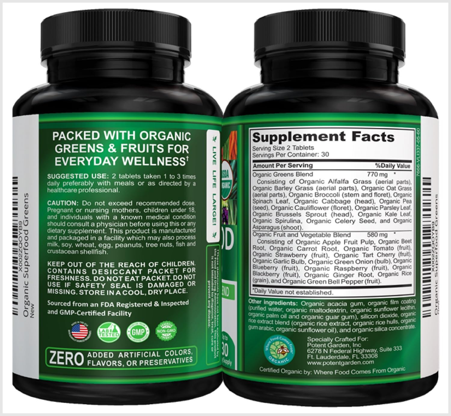 Potent Garden 2-Pack Organic Superfood Greens ingredients list shows alfalfa, kale, beet and more.