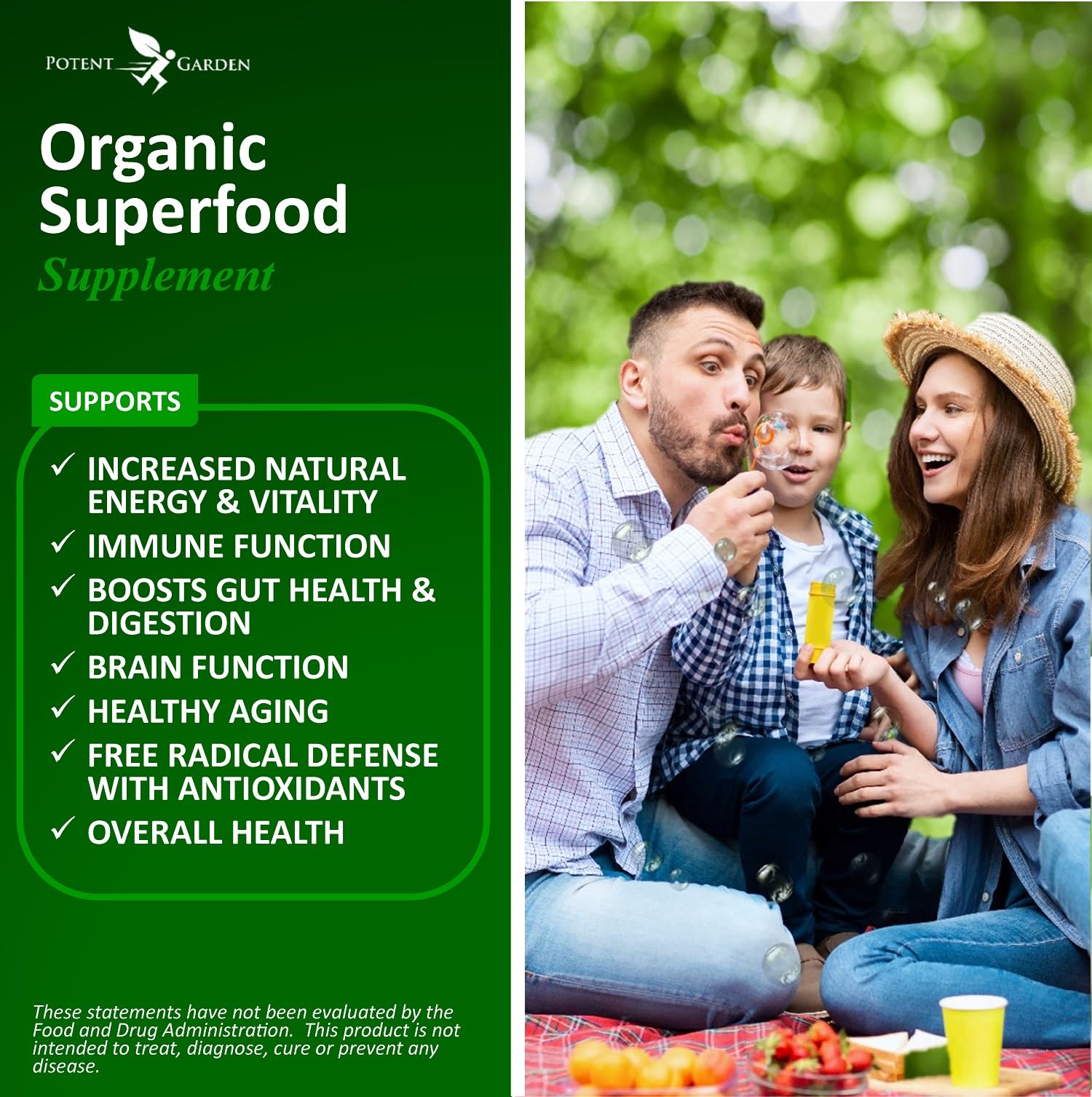 Potent Garden 2-Pack Organic Superfood Greens label highlights organic sourcing and quality.
