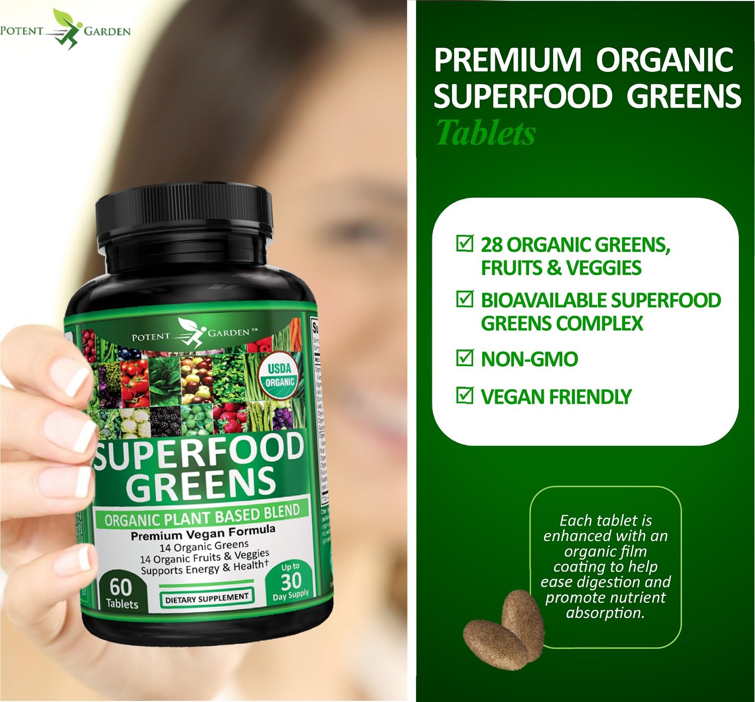 Potent Garden 2-Pack Organic Superfood Greens packaging on shelf emphasizes USA GMP quality.