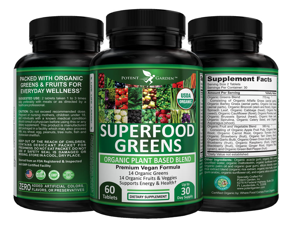 Potent Garden 2-Pack Organic Superfood Greens travel-friendly bottle in bag.