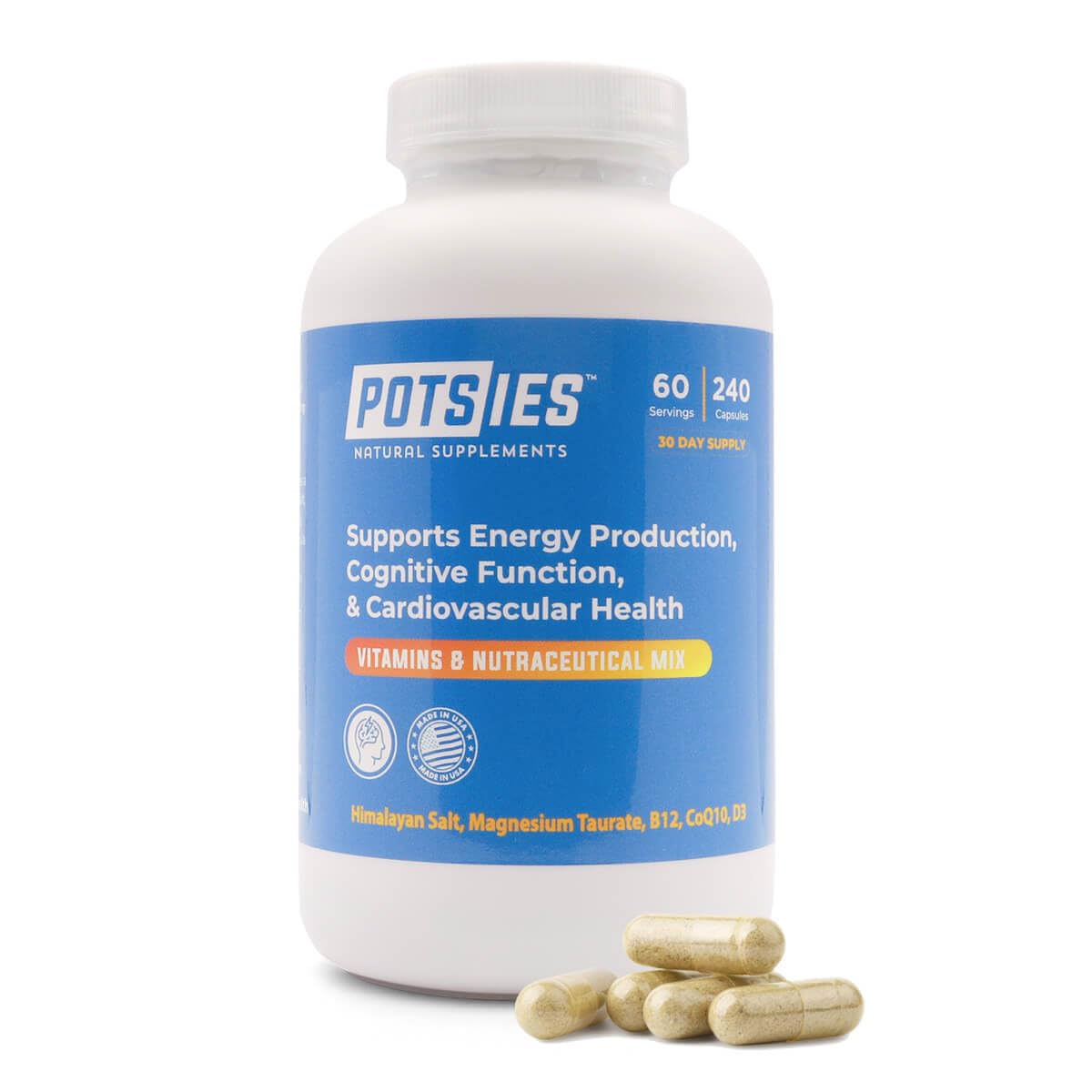 Potsies POTS supplement bottle close-up highlighting daily support.