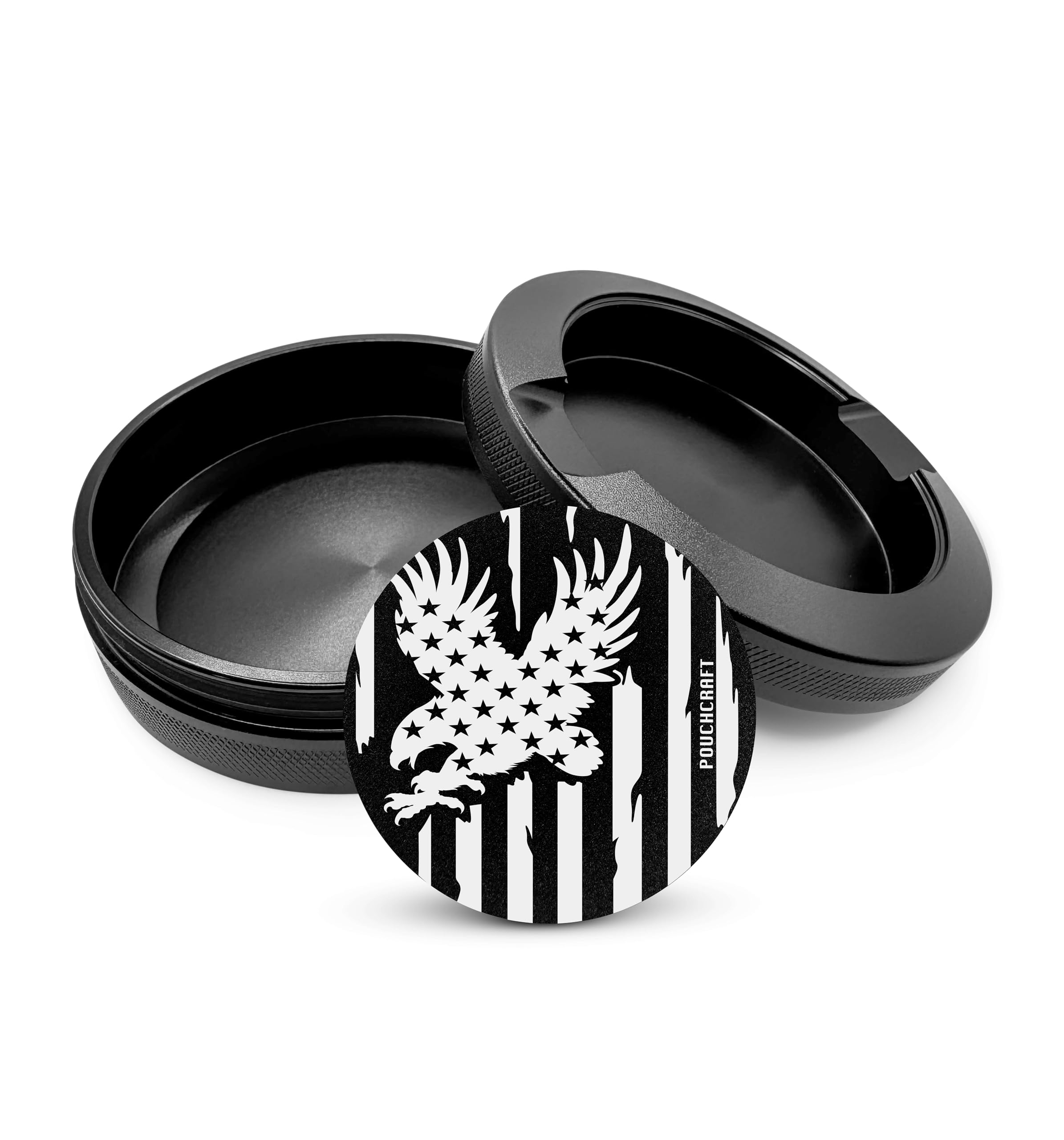 PouchCraft metal can in American flag black finish for secure portable storage.