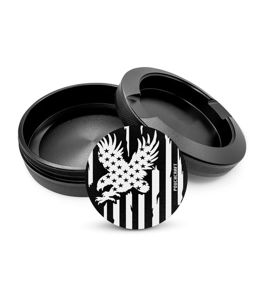PouchCraft metal can in American flag black finish for secure portable storage.