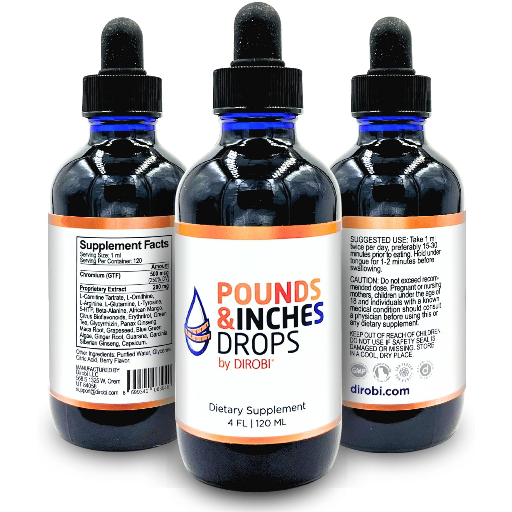 Pounds and Inches Drops blueberry bottle ready for appetite control.