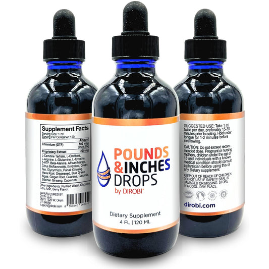 Pounds and Inches Drops blueberry bottle ready for appetite control.
