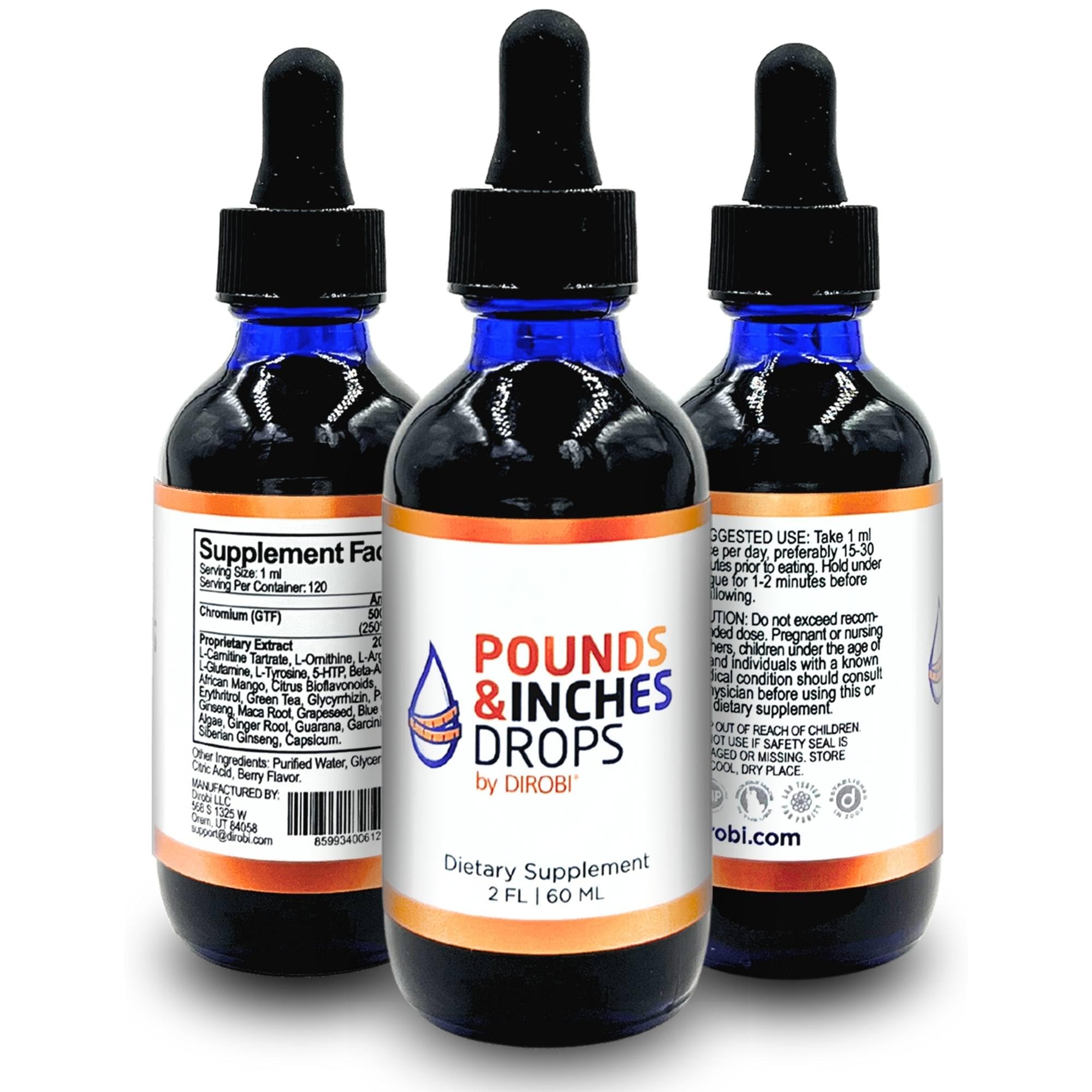 Pounds and Inches Drops bottle front with blueberry flavor for easy daily dosing