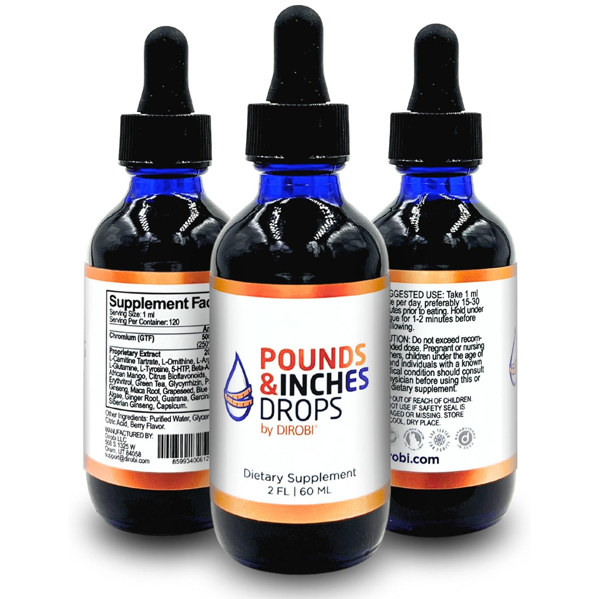 Pounds and Inches Drops bottle front with blueberry flavor for easy daily dosing
