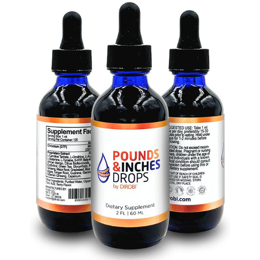 Pounds and Inches Drops bottle front with blueberry flavor for easy daily dosing