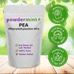 powdermint Phenylethylamine HCl bottle back panel showing usage notes.
