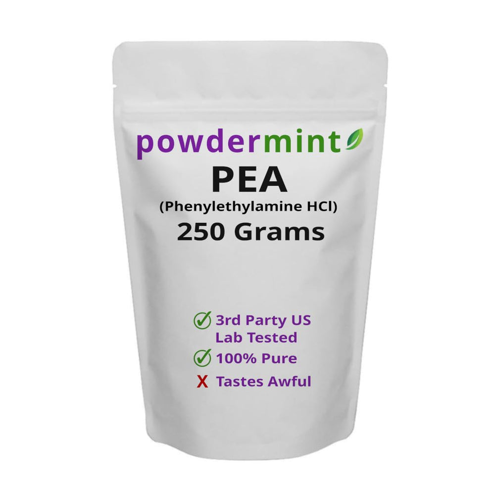 Powdermint Phenylethylamine supplement bottle for convenient daily dosing and mood-support potential.