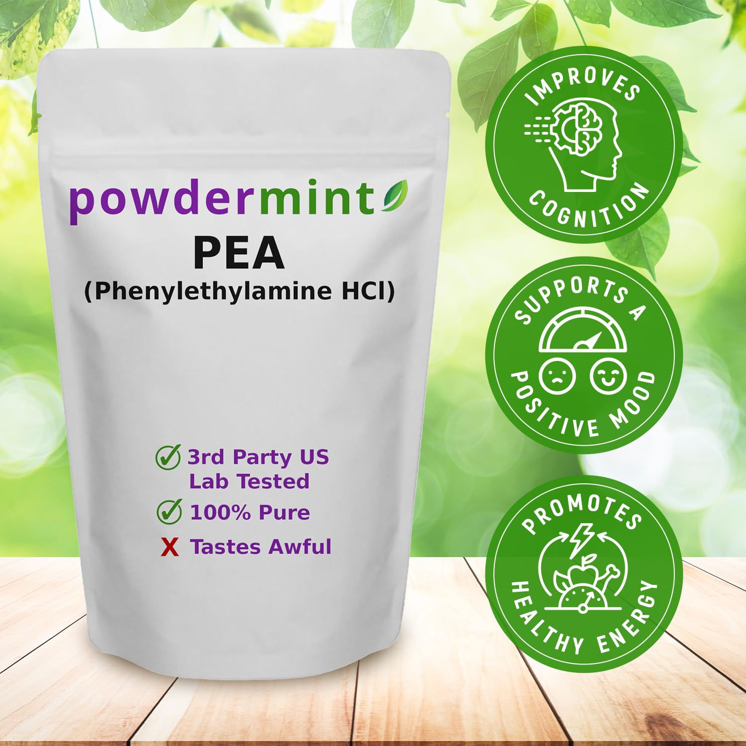 Powdermint Phenylethylamine container label with serving size for user-friendly dosing.