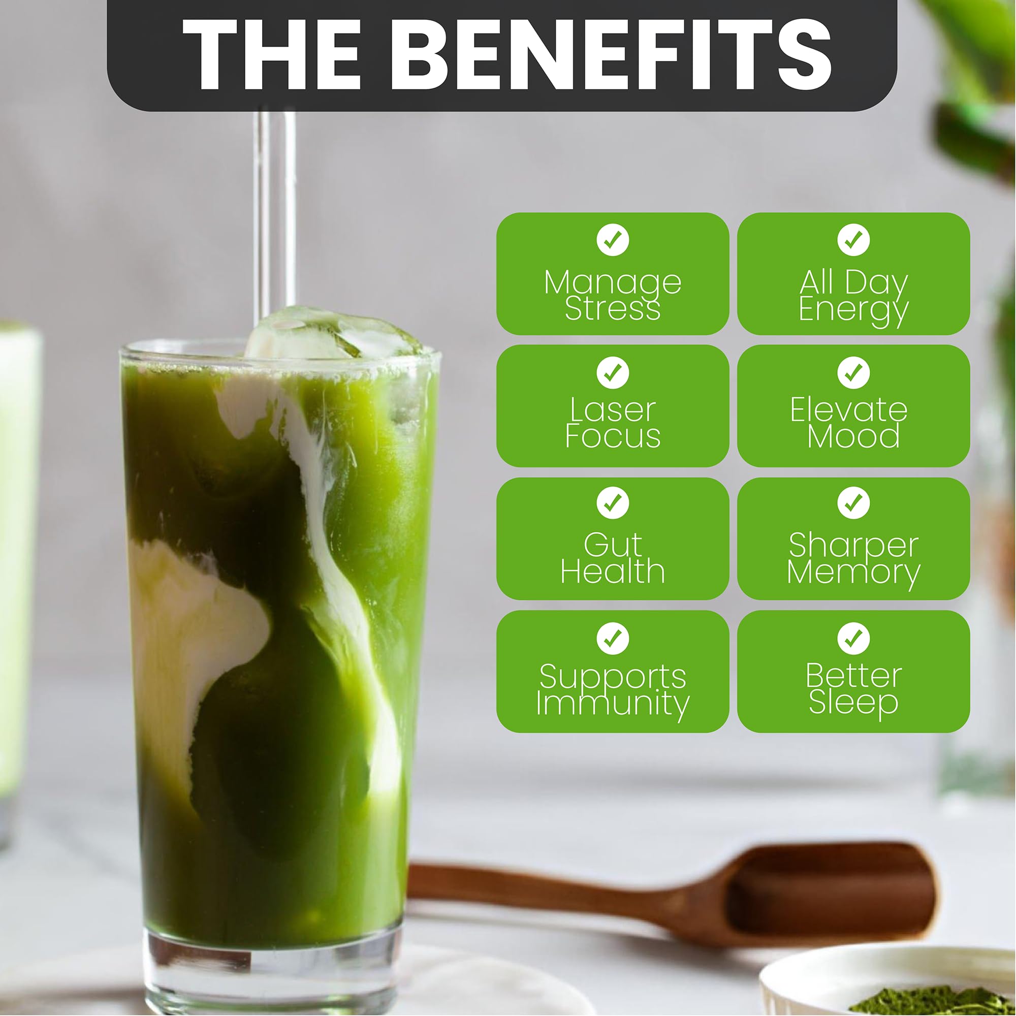 PowderVitamin collagen-infused matcha glass suggests joint and skin support in daily ritual.