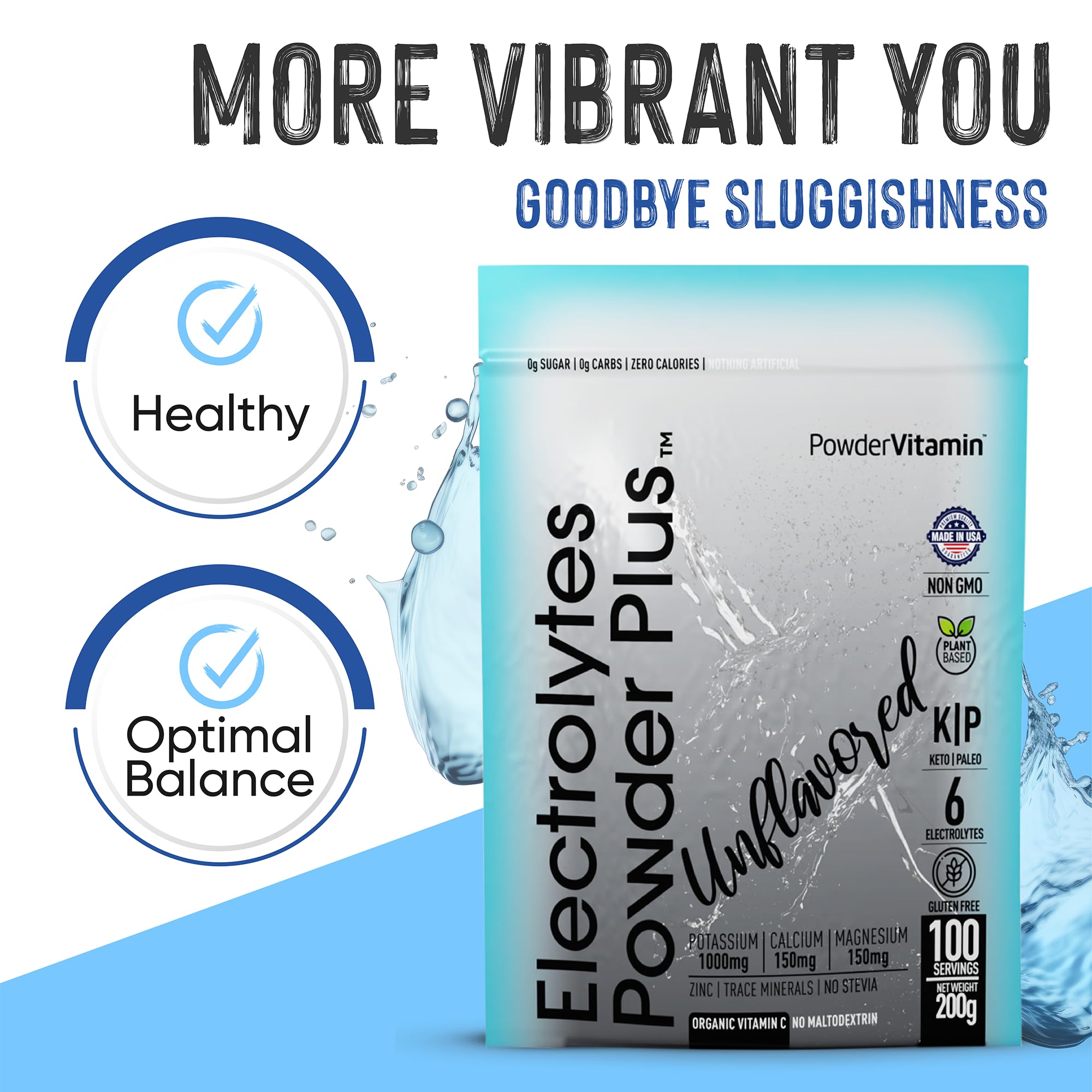 PowderVitamin electrolytes packaging emphasizes no stevia.