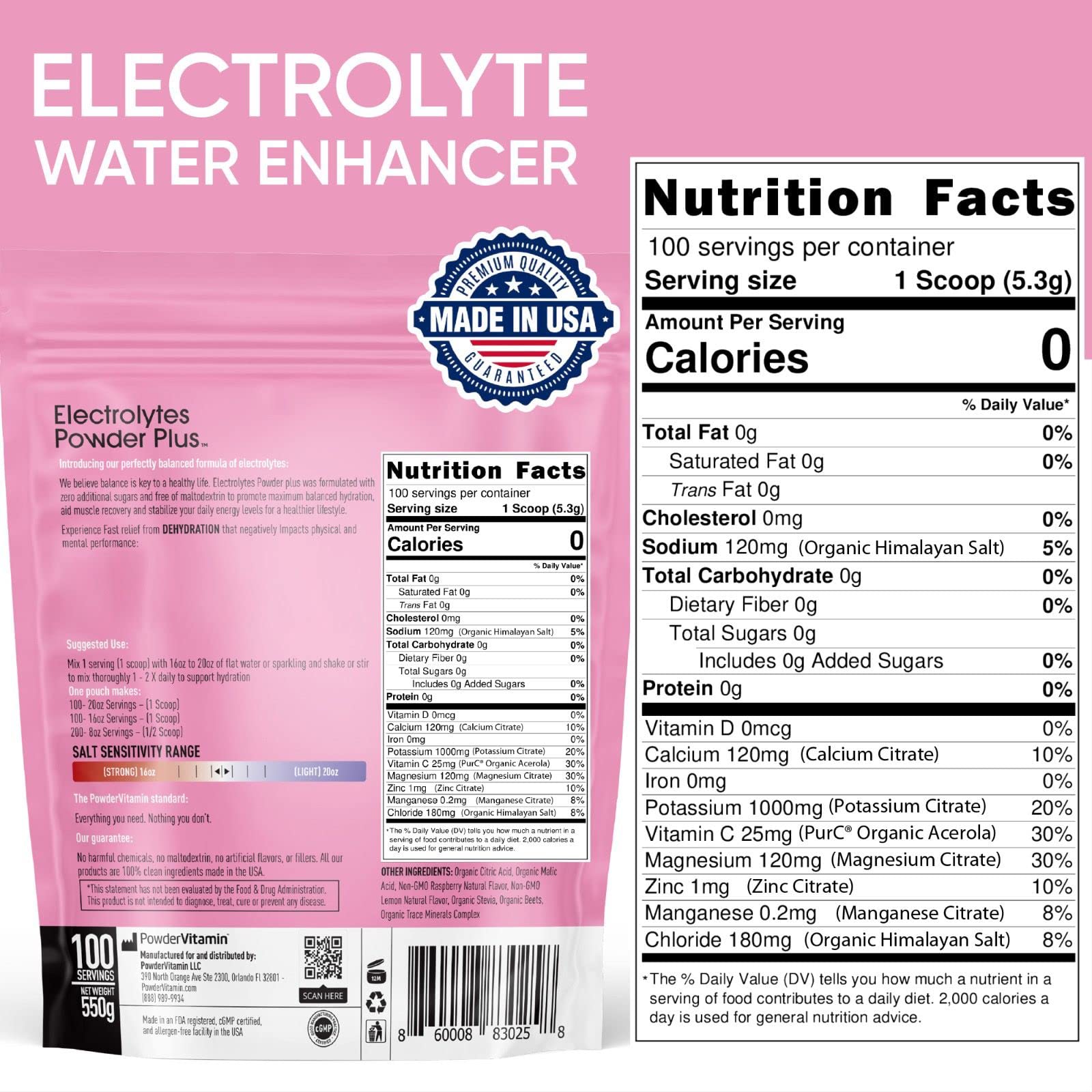 PowderVitamin Electrolytes Plus 550g pouch close-up highlighting zero maltodextrin