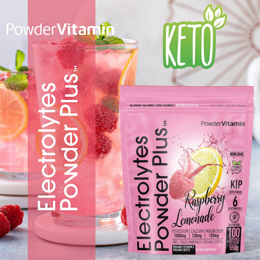 PowderVitamin Electrolytes Plus glass with mixed raspberry lemonade, keto hydration