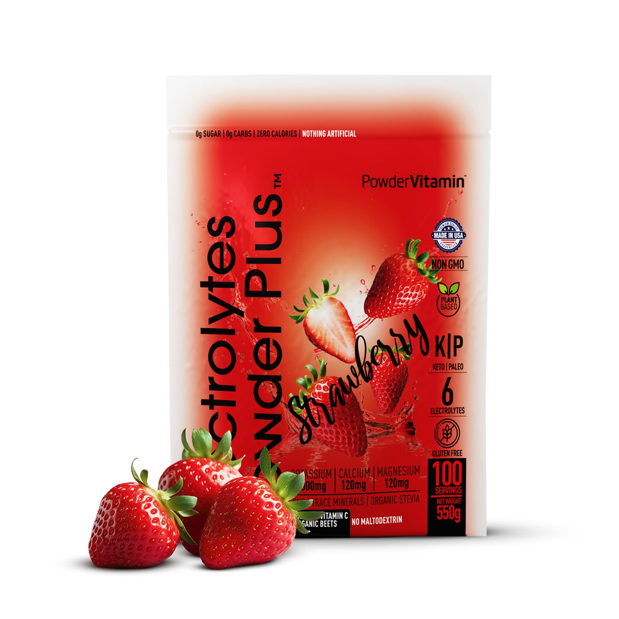 PowderVitamin Electrolytes Plus Strawberry bottle promotes quick hydration after workouts.
