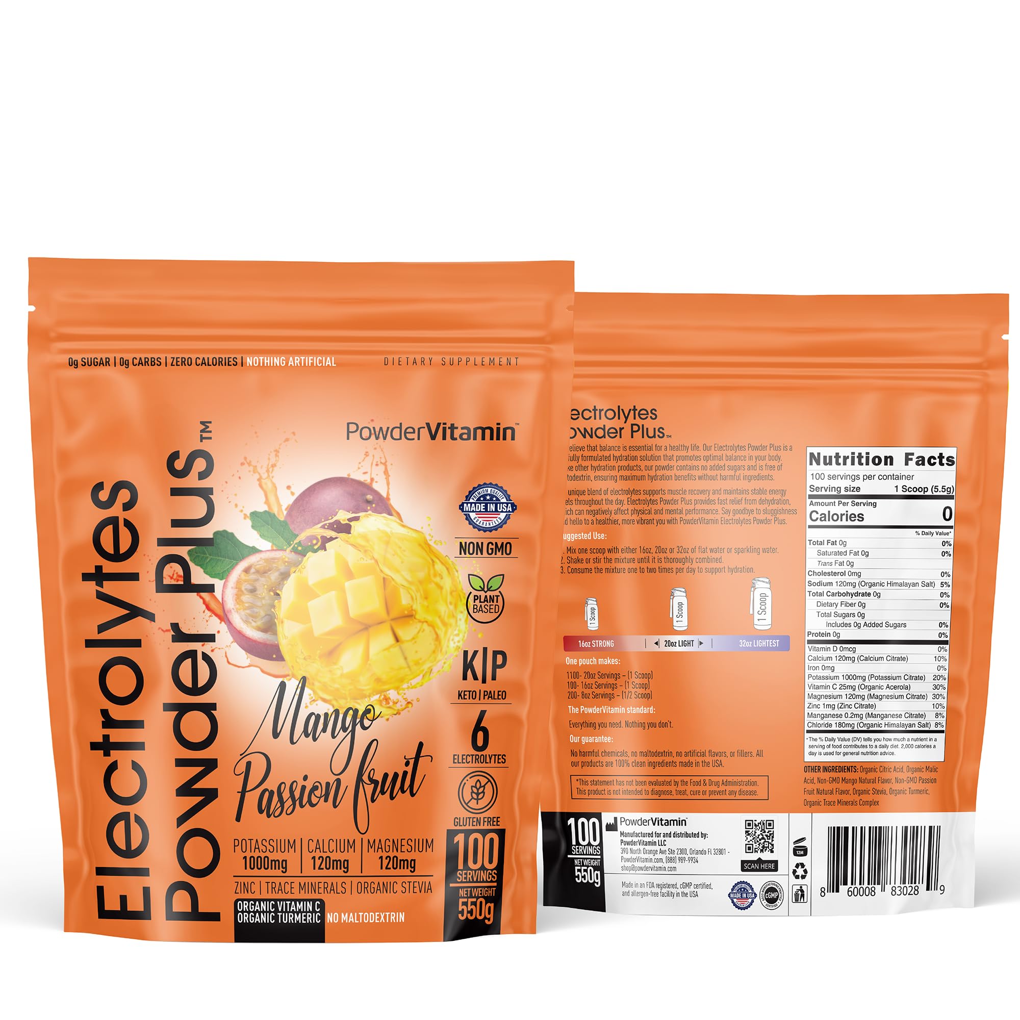 PowderVitamin Electrolytes Plus mango passionfruit bottle showing zero-calorie hydration