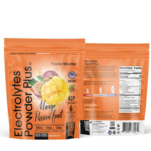 PowderVitamin Electrolytes Plus mango passionfruit bottle showing zero-calorie hydration