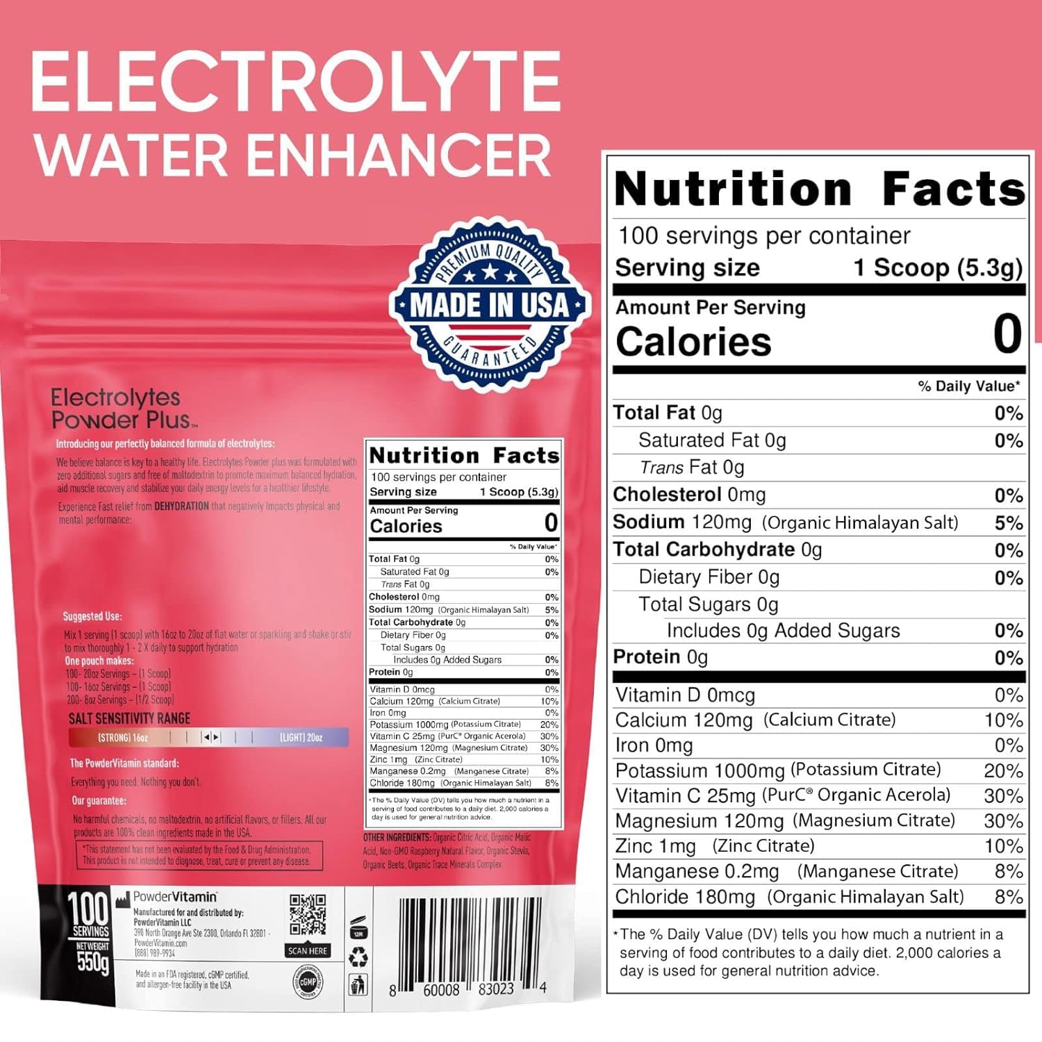 PowderVitamin Electrolytes Powder Plus Raspberry glass of water ready to drink during travel.