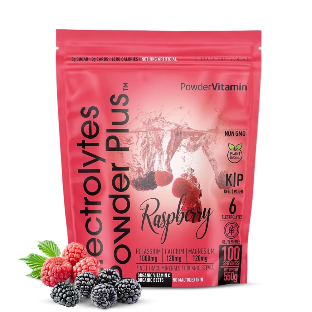 PowderVitamin Electrolytes Powder Plus Raspberry ingredients panel highlights minerals.