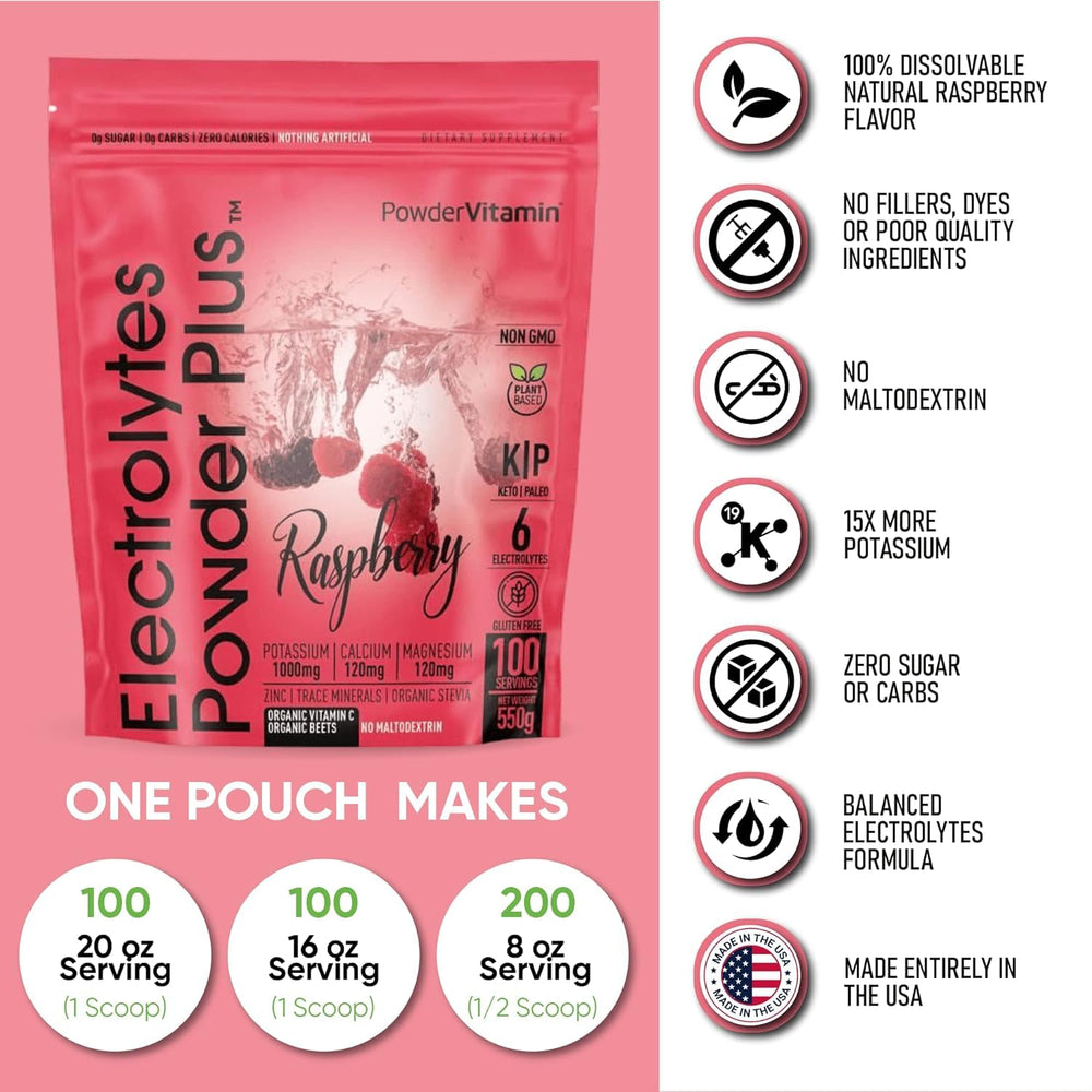 PowderVitamin Electrolytes Powder Plus Raspberry pouch indicating 100 servings value.