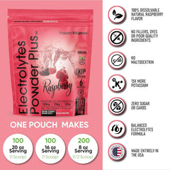PowderVitamin Electrolytes Powder Plus Raspberry pouch indicating 100 servings value.