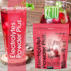 PowderVitamin Electrolytes Powder Plus Raspberry pour showing a refreshing post workout drink.