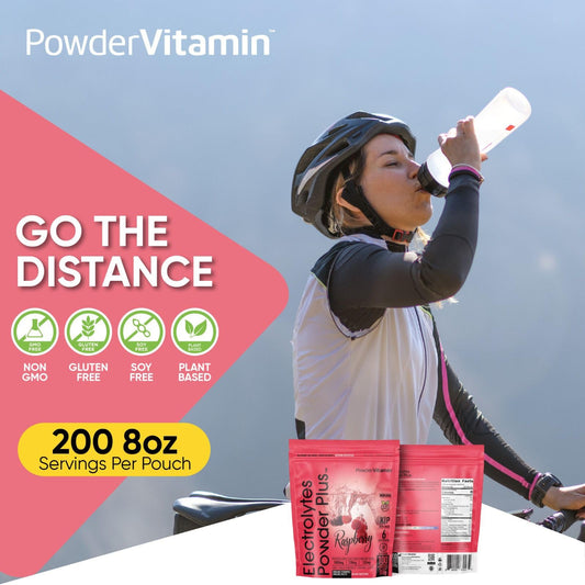 PowderVitamin Electrolytes Powder Plus Raspberry scoop ready to mix for keto hydration.