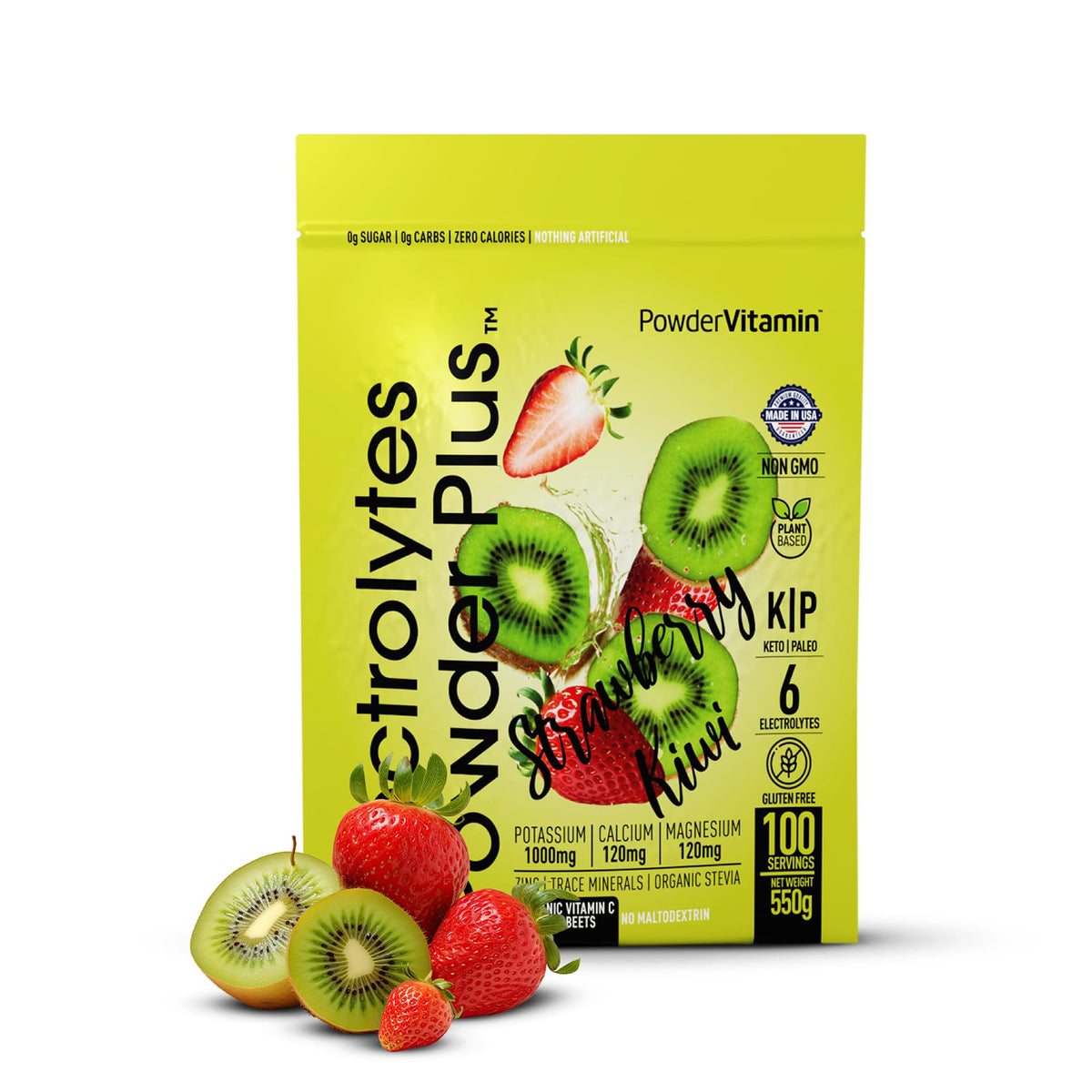 PowderVitamin Electrolytes Plus bottle with strawberry kiwi flavor for on-the-go hydration.