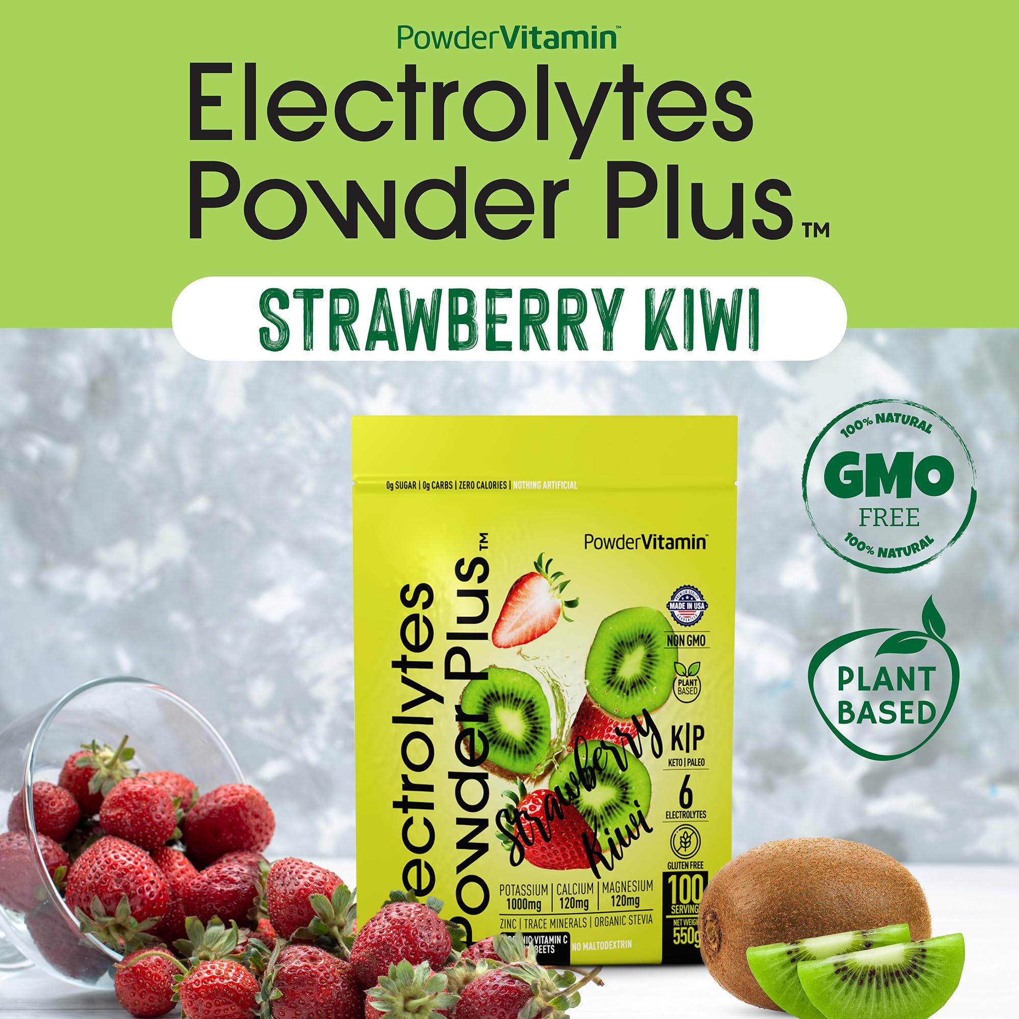 Kitchen counter with prepared drink using PowderVitamin Electrolytes Plus.