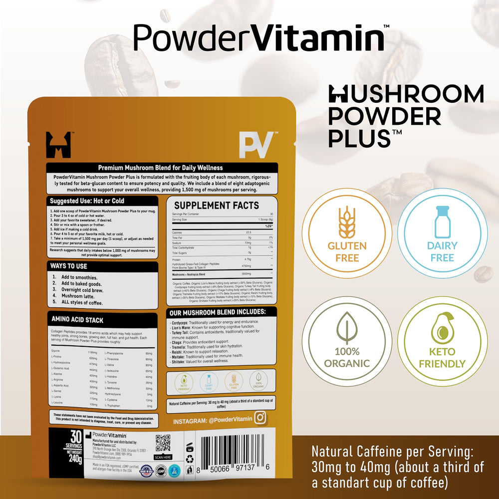 PowderVitamin low-acid coffee brew image for smooth taste and gentle stomach feel.