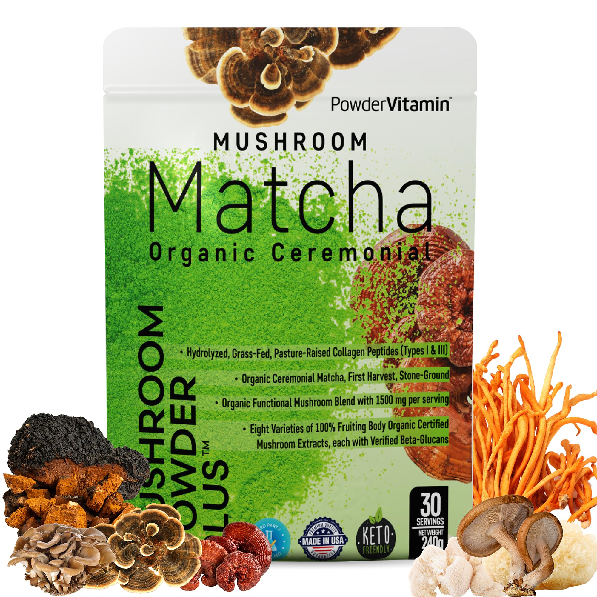 PowderVitamin matcha mushroom blend bottle shows clean label and immune-supporting ingredients.