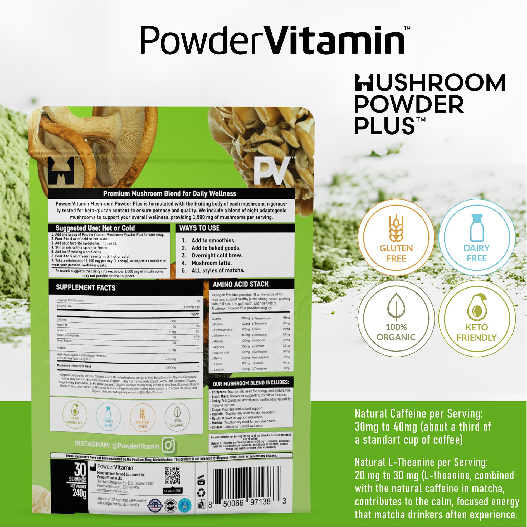 PowderVitamin pesticide-free certification label signals clean, safe superfood for everyday use.