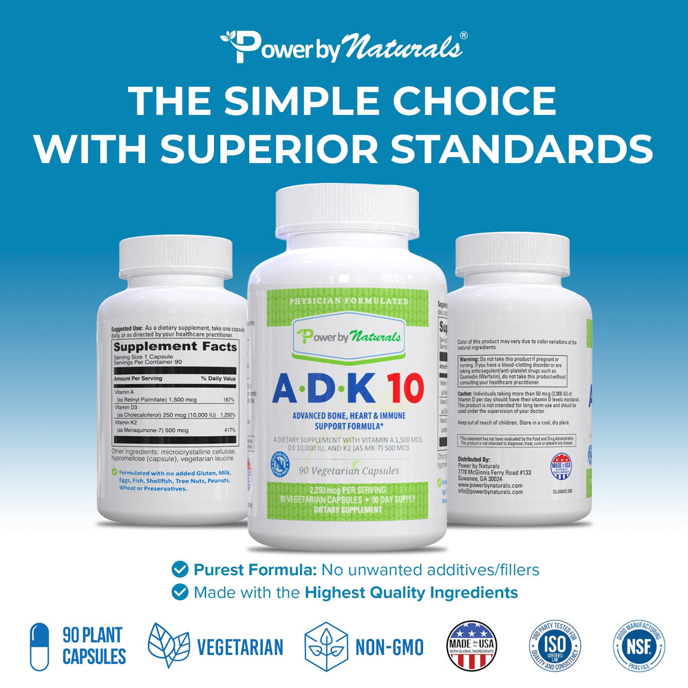Power By Naturals ADK 10 bottle showing A, D3 and K2 MK7 blend
