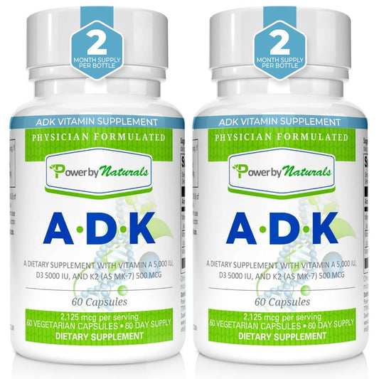 Power By Naturals ADK bottle front shows a high-potency vitamin blend for bone support