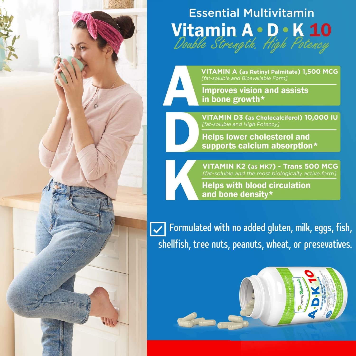Power By Naturals ADK10 capsules closeup highlights vegetarian capsules.