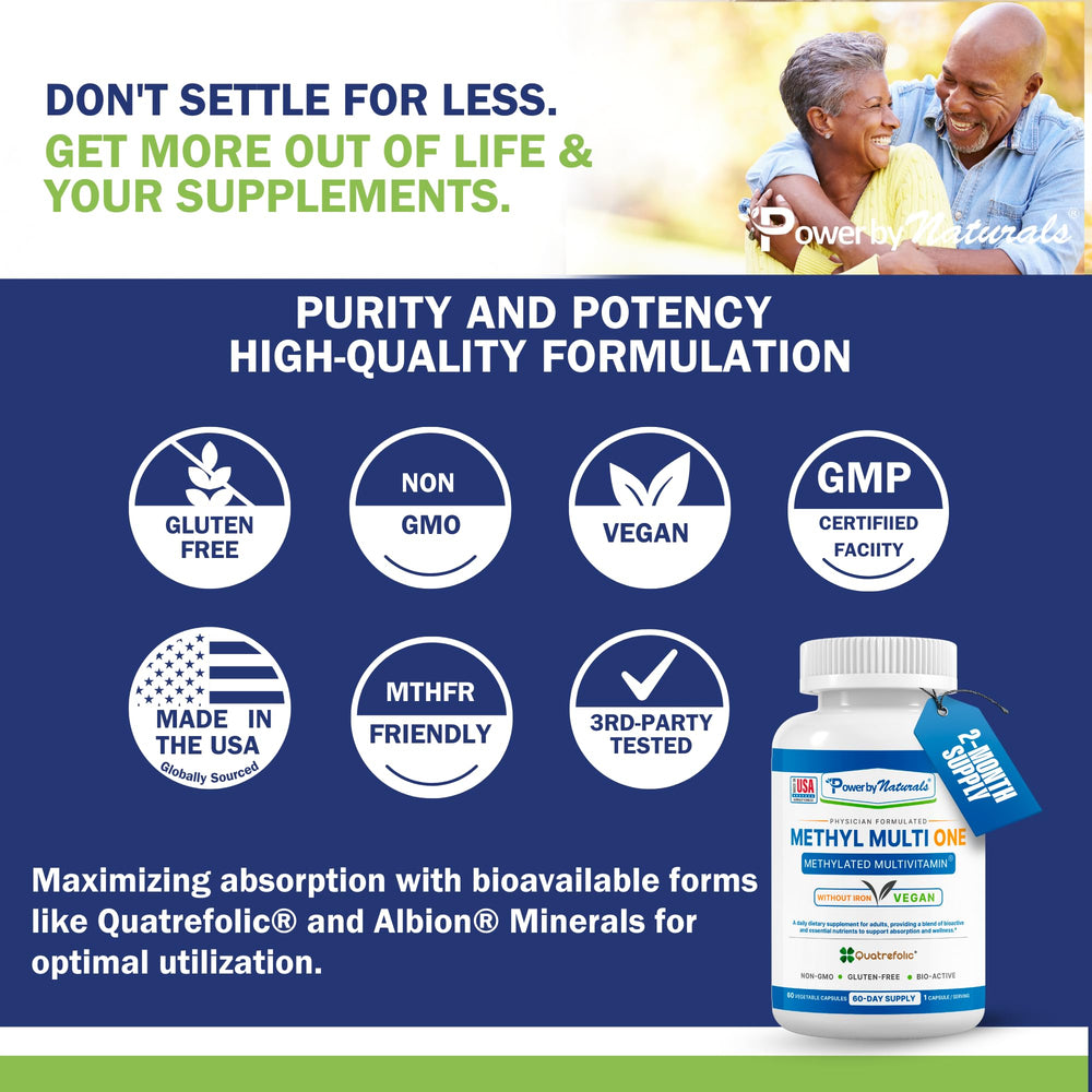 Power By Naturals Methyl Multi One bottle serving to illustrate vegan-friendly formula