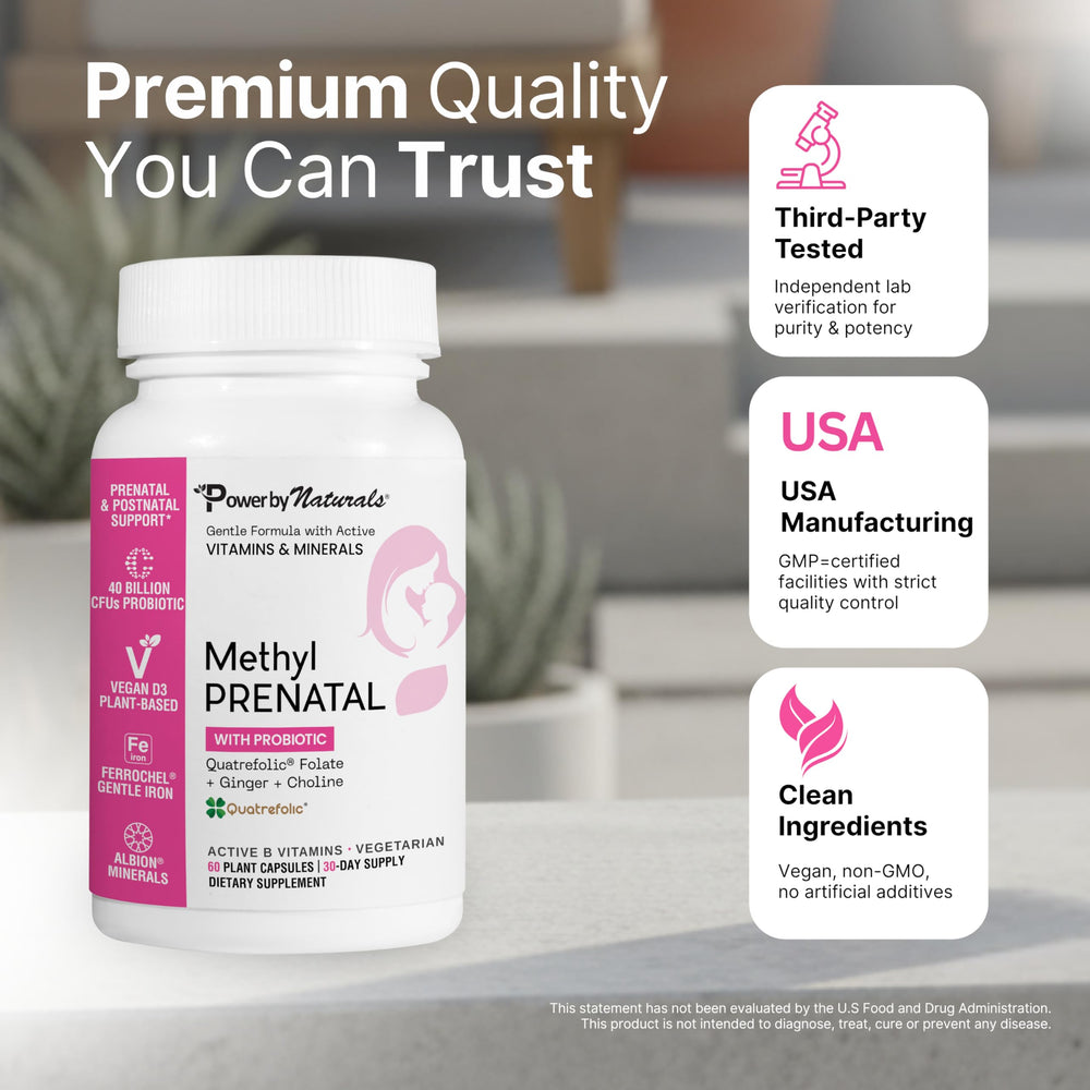 Power By Naturals Methyl Prenatal active B12 capsules emphasizing energy support.