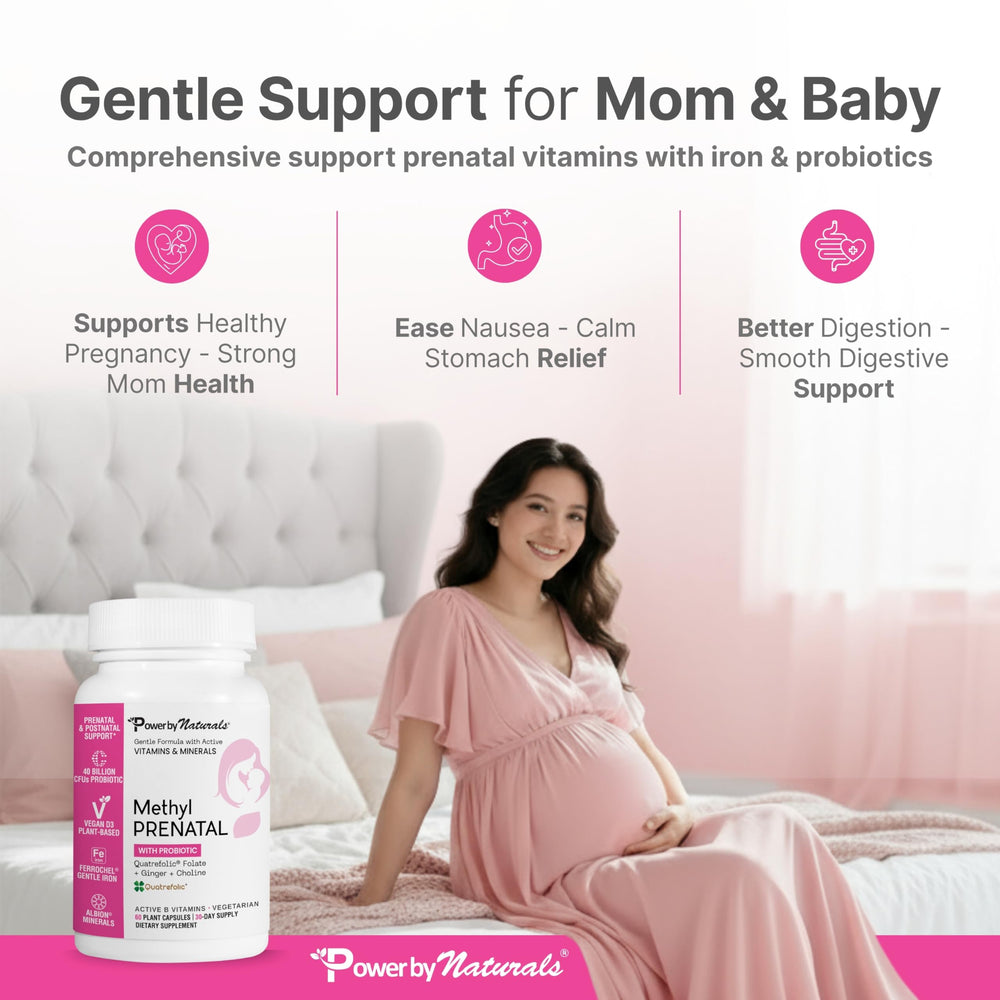 Power By Naturals Methyl Prenatal iron and folate capsules aiding red blood cell health.