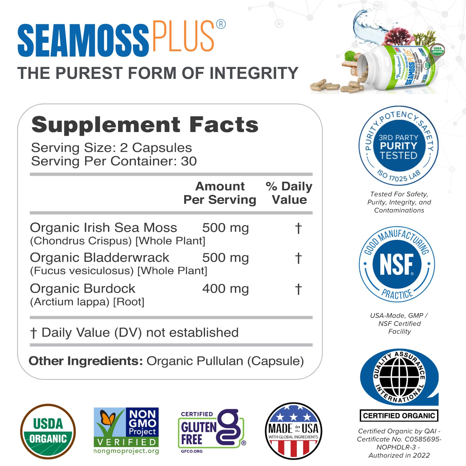 Power By Naturals Sea Moss Plus capsules shown for convenient daily use