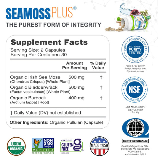 Power By Naturals Sea Moss Plus capsules shown for convenient daily use