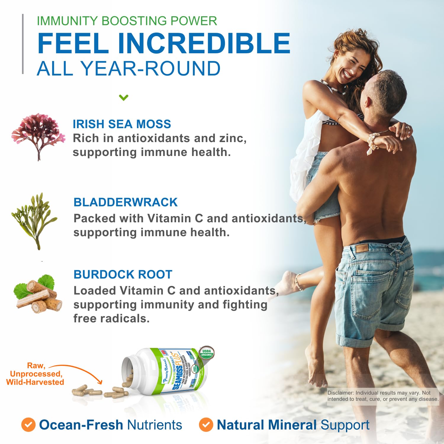 Close-up of Power By Naturals Sea Moss Plus label highlighting organic blend
