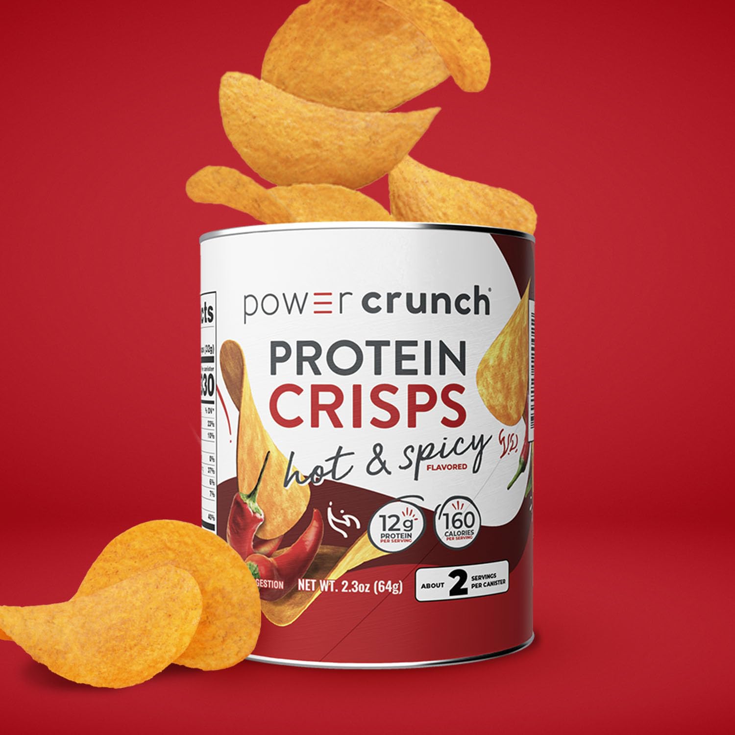 Power Crunch CRISPS Hot & Spicy pea protein 12g per serving.