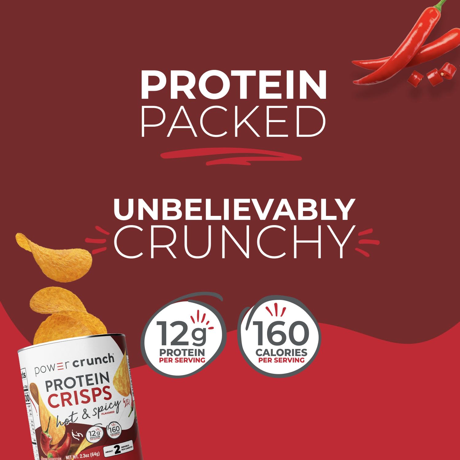 Power Crunch CRISPS Hot & Spicy resealable can preserves freshness for travel.