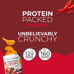 Power Crunch CRISPS Hot & Spicy resealable can preserves freshness for travel.