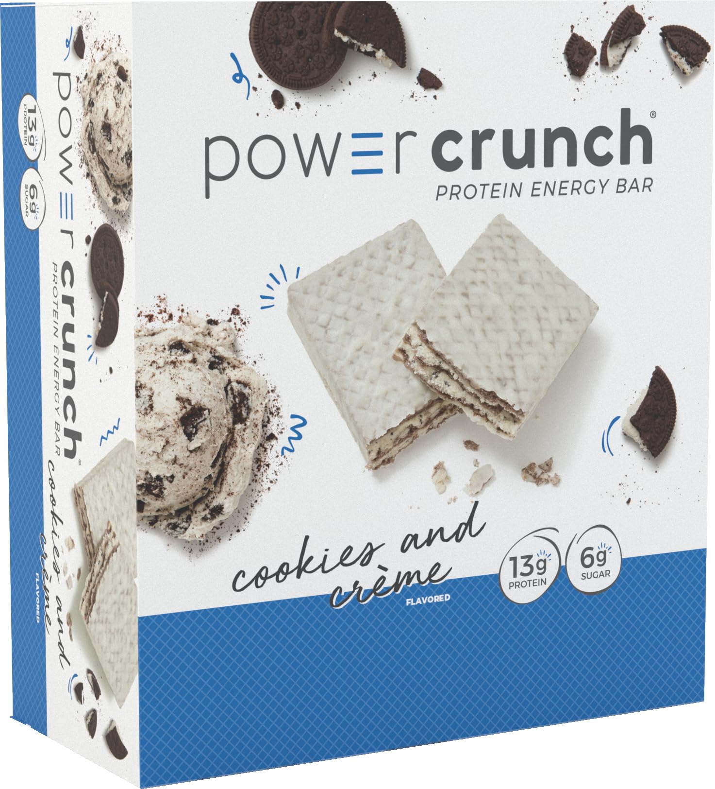 Power Crunch Cookies and Creme bar with creamy wafer texture, ideal for on-the-go protein snack.