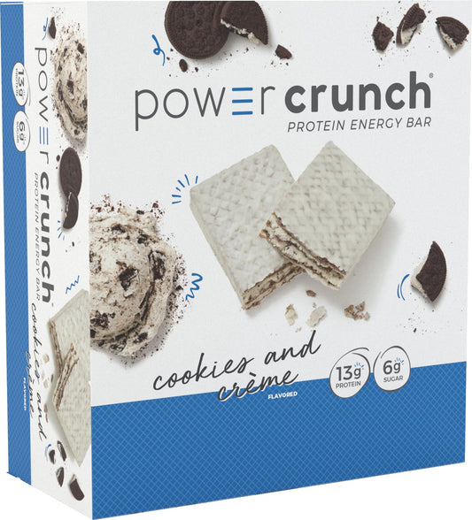 Power Crunch Cookies and Creme bar with creamy wafer texture, ideal for on-the-go protein snack.